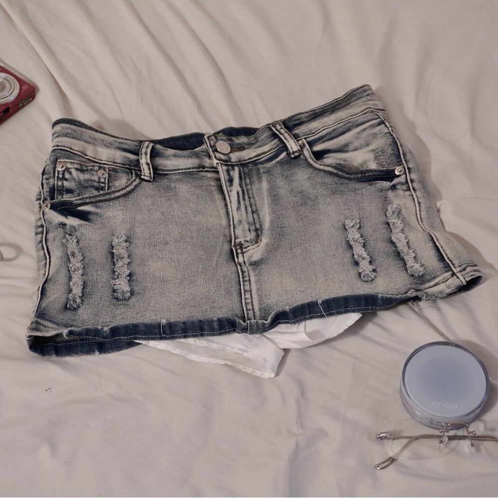 Low Rise Denim Mini Skirt With Built-in Short